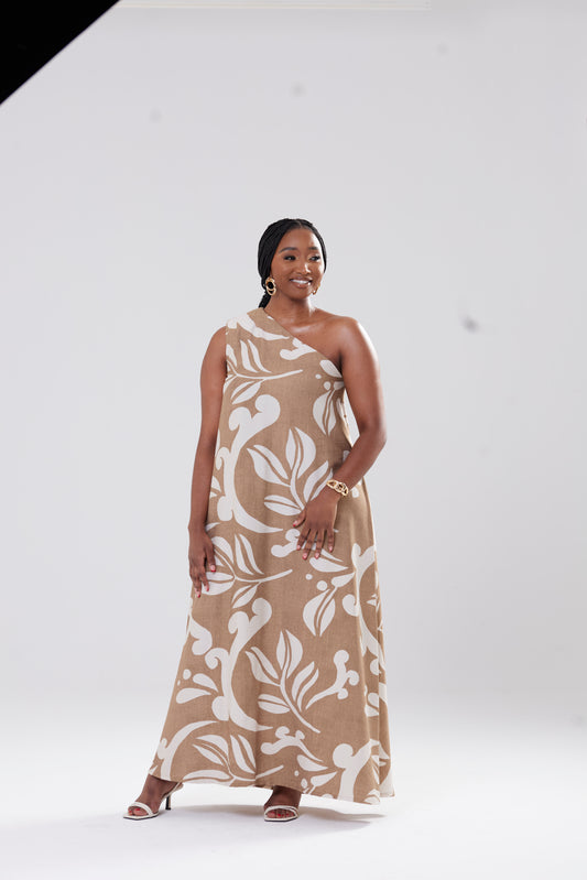 One Shoulder Dress - Ivory and Beige Print
