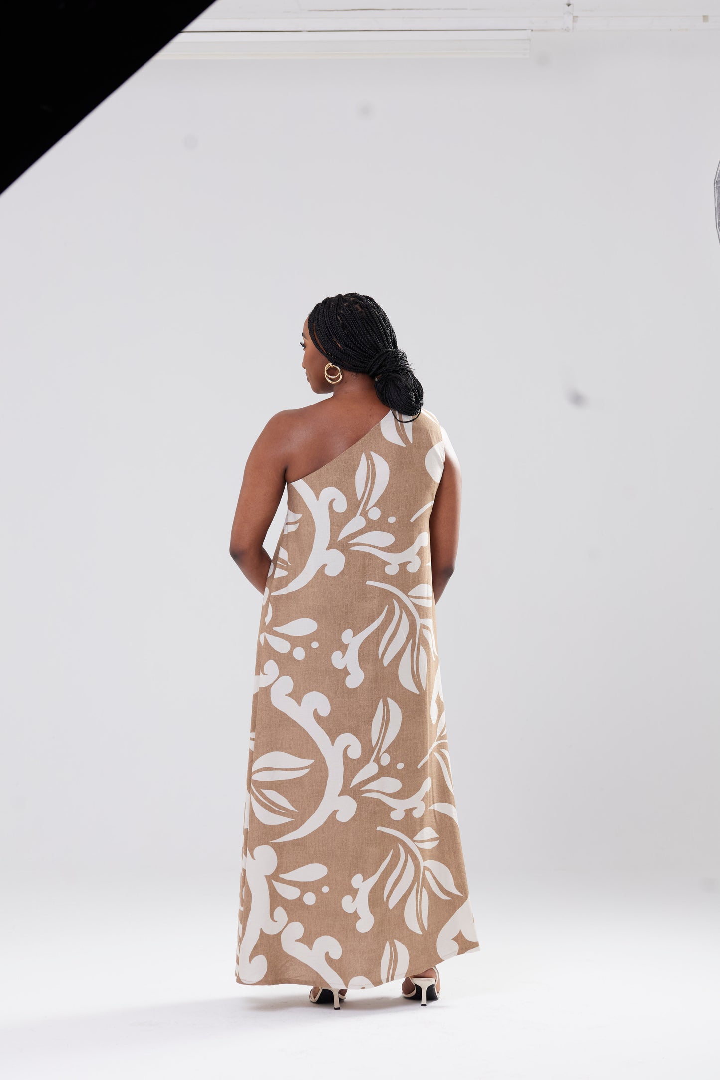One Shoulder Dress - Ivory and Beige Print